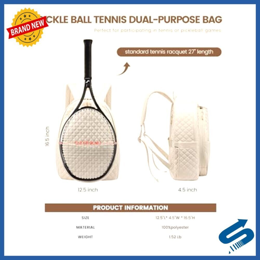 Quilted Tennis Racket Backpack, 23L Capacity, Adjustable Straps, Multi-Pocket - Picture 3 of 6